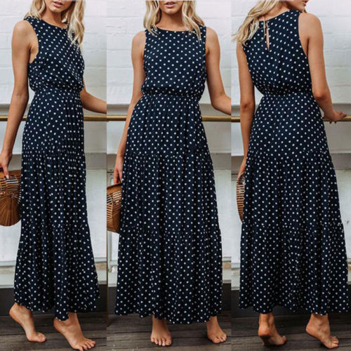 2019 Bobo Women Dark Blue Boho Loose Sleeveless Holiday Dot Print Long Maxi Dress Evening Party Beach Dresses Summer Sundress