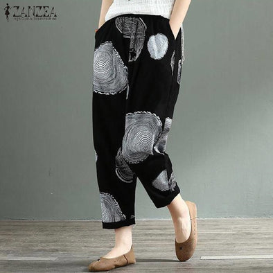 Casual Linen Pants Women's Trousers ZANZEA 2019 Vintage Printed Polka Dot Pantalon Female Elastic Waist Turnip Pants Plus Size