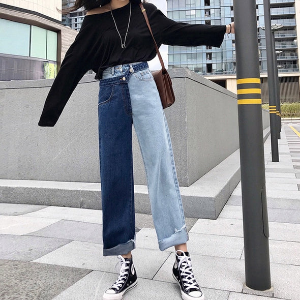 2019 spring New style mock two-piece contrasting color stitching jeans women's Hong Kong-style slimming straight-cut ankle-lengt