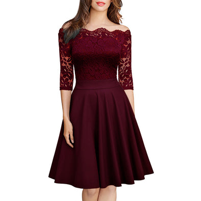 Elegant Sexy Dress for Women Vintage Lace Long Sleeve Wine red Black Blue Robe Femme Casual Dresses Woman Party Night 2019