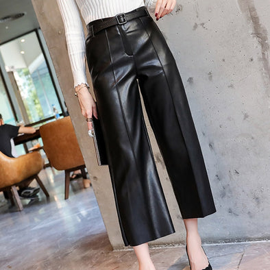 Autumn Faux PU Leather Pants Women With Belt High Waisted Wide Leg Anke-length Women's Trousers 2019 Winter NEW Fashion Clothes
