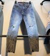 2019 Spring New Heavy Bead-fringed Drilled High-waist Jeans Pants Women's Slim Stretch Diamond Denim Trousers Girls Pencil Pants