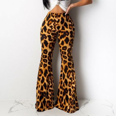 2019 NEW Women's Stretchy Bell Bottom Leopard  High Waist Wide Leg Flared Basic Pants S-2XL