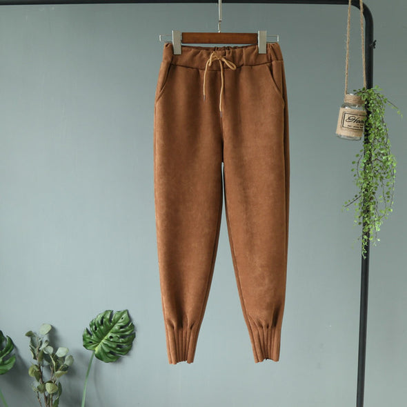 2019 Women's Suede Pants Autumn Winter Elastic High Waist Pockets Harem Trousers Casual Plus Size Cashmere Women Carrot Pants
