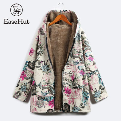EaseHut Women's Winter Coat Floral Print Hooded Pockets Vintage Thin Parkas Female Casual Warm Autumn Jackets 5XL Plus Size