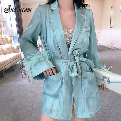 Retro Slim Women'S Lazy Pajamas Wind Shirt Coat Long Sleeve Feather Belt Light Green White 2019 Autumn Fashion Sexy Coat