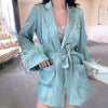 Retro Slim Women'S Lazy Pajamas Wind Shirt Coat Long Sleeve Feather Belt Light Green White 2019 Autumn Fashion Sexy Coat