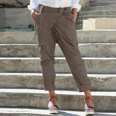 2019 ZANZEA Fashion Pencil Pants Women's Trousers Casual Elastic Waist Casual Pantalon Belted Plus Size Solid Lace Up Turnip 5XL