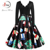 Black Big Swing Print Vintage Christmas Dress Women Winter Casual Long Sleeve V Neck Sexy New Year Party Dress Plus Size S~3XL