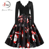 Black Big Swing Print Vintage Christmas Dress Women Winter Casual Long Sleeve V Neck Sexy New Year Party Dress Plus Size S~3XL