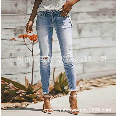 2019  Europe And America Hot Sales WOMEN'S Jeans with Holes Tassels Foot Skinny Slimming Jeans Women's