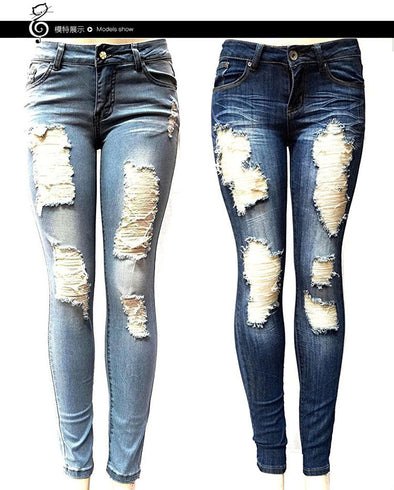 Europe And America New Style AliExpress Hot Sales Slim Fit Elasticity Washing Frayed with Holes Jeans WOMEN'S Pants