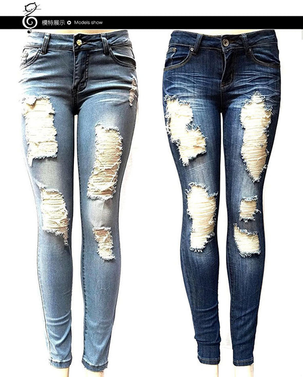 Europe And America New Style AliExpress Hot Sales Slim Fit Elasticity Washing Frayed with Holes Jeans WOMEN'S Pants