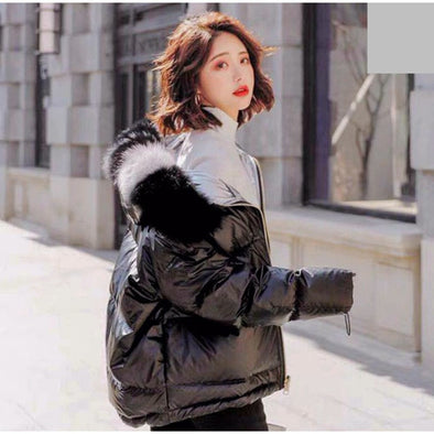 Winter Faux Fur Collar Short Parka Women Hooded Cotton Padded Jacket Female Shinny Parkas 2019 Fashion Thicken Warm Coats Woman