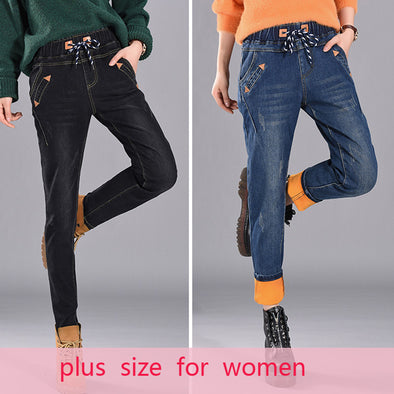 Winter casual plus size women's jeans loose high waist Thicken warm jean mom skinny jeans blue oversize pants women Pencil pants