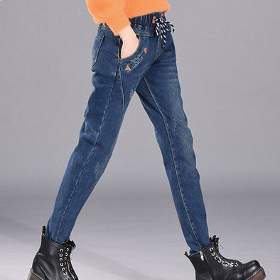 Winter casual plus size women's jeans loose high waist Thicken warm jean mom skinny jeans blue oversize pants women Pencil pants