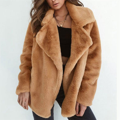 New Women Warm Winter Thicken Fleece Fur Coat Overcoat Outwear Turn Down Collar Cadigan Loose Coats Plus Size Loose Coat Jacket