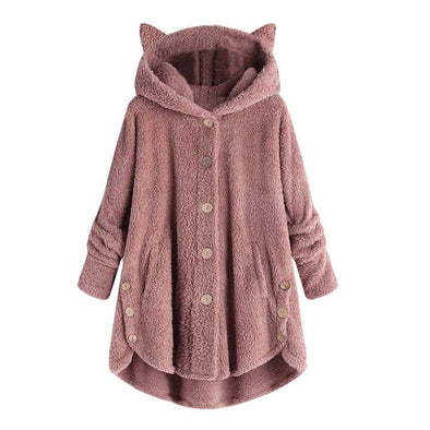 Winter Women Faux Fur Coat Luxury Long Fleece Cat's Ears Hooded Coat Loose Lapel Thick Warm Female Plush Buttons Teddy Coat шуба