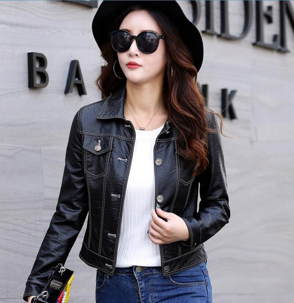 2019 Women Slim Black Leather Jacket Short Paragraph Women' s Motorcycle Jackets Leather Coat Female Outerwear Fashion