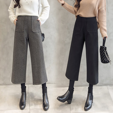 women wool wide leg pant 2019 autumn winter fashion high waist thick warm loose woolen pants casual harem trousers office lady