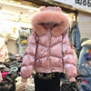 2019 Winter New Natural Fox Fur Collar Hooded Loose Bright Face Cotton Parka Women's Short Bread Jacket Thickened Coat Pink