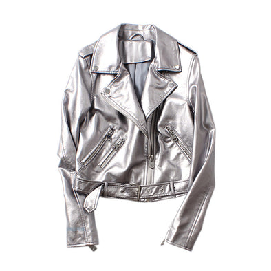 Korean Style Women's Jackets Turn-down Collar Silvery Long Sleeve Loose with Zipper S M L Solid Autumn New Arrival 2019 Fashion