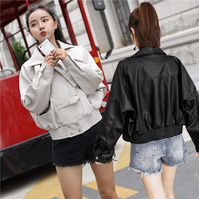 Leather Jacket Women 2019 Spring New Fashion Short Style Motor & Biker Stand Collar Loose Women's Leather Jacket S  M L