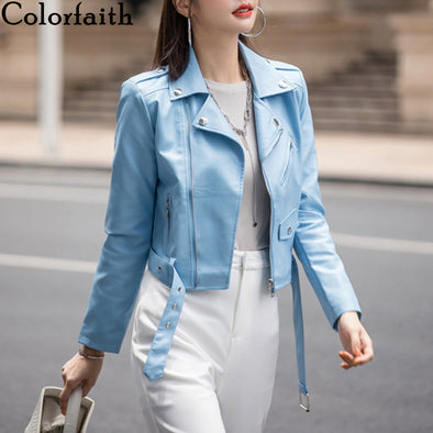 Colorfaith New 2019 Autumn Winter Women's Leather Jackets Pockets Outerwear England Style Faux Leather Tops Red Black JK1708