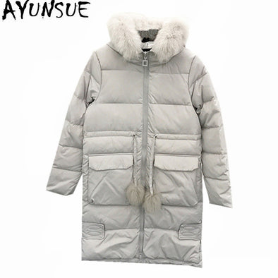 AYUNSUE Winter Down Coat Real Fox Fur Collar White Duck Down Jacket Thick Women Parka Hooded Women's Jackets Abrigo Mujer WXF391