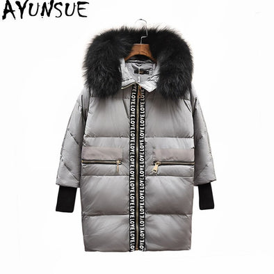 AYUNSUE 2019 Women's Warm Winter Coat Female Fur Collar White Duck Down Jacket Thick Hooded Parkas Mujer Casaco Inverno WXF295
