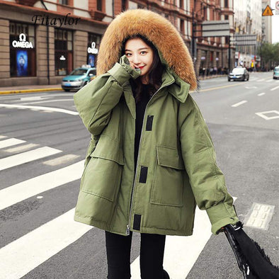 Fitaylor Winter White Duck Dogs Parka Women's Loose Coat Large real raccoon Hooded Down Jas Army Ranger