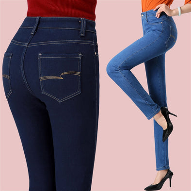 Spring and autumn new middle-aged high waist straight jeans women's black size stretch slim slim mother size pants