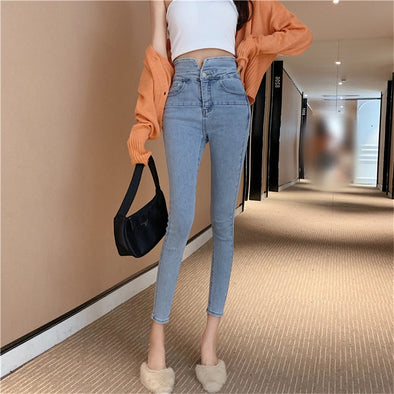 Real shot fashion high waist nine points jeans 2019 new women's slimming high self-cultivation tight-fitting pants