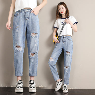 2019 Autumn New Style Jeans Women's Capri with Holes Jeans Women's Loose-Fit Slimming Pencil Straight-leg Pants Children