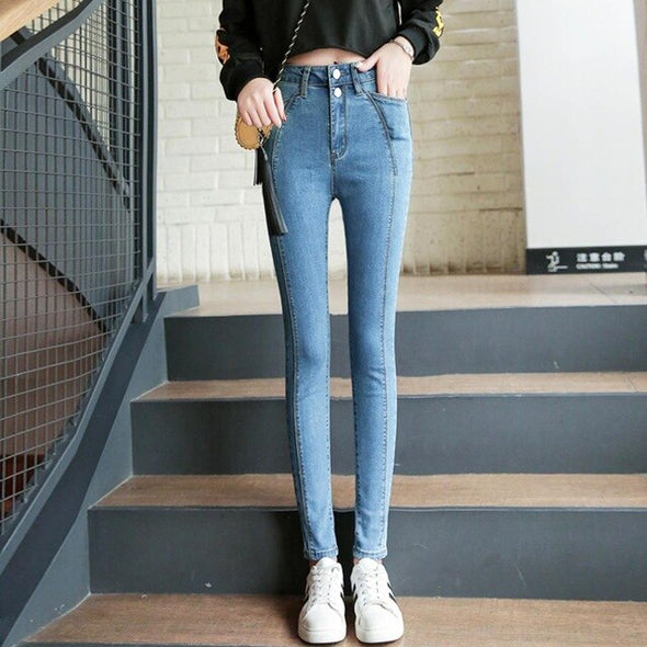 New women's high waist jeans casual pencil pants wild stretch skinny jeans fashion buckle stitching washed denim pants trousers