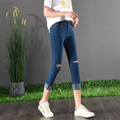 2019 Capri Skinny Jeans Women's 2019 Spring Summer New Style WOMEN'S Dress Elasticity Slimming with Holes Pencil WOMEN'S Pants