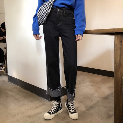 Spring And Autumn New Style Straight-Cut Jeans Women's Korean-style Loose-Fit High-waisted Versatile Students Crimping Fashion S