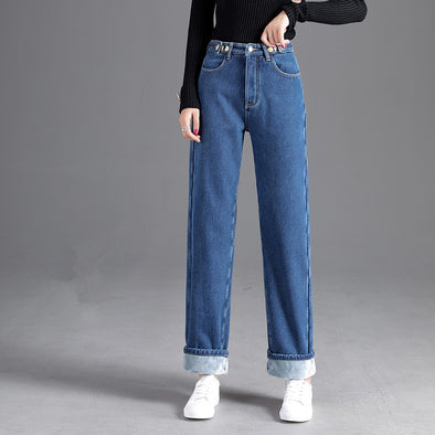 Women's Winter Solid Jeans 2019 Fashion Sexy Fleece Wide Leg Pants High Waist Loose Warm Thicken Jean Pants Streetpants P9211