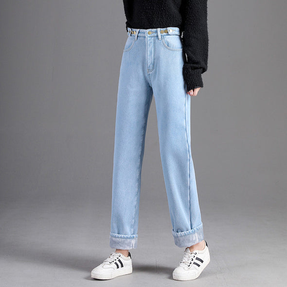 Women's Winter Solid Jeans 2019 Fashion Sexy Fleece Wide Leg Pants High Waist Loose Warm Thicken Jean Pants Streetpants P9211