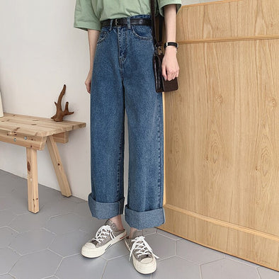 Loose-Fit High-waisted Retro Straight-Cut Jeans Women's Spring New Style Korean-style CHIC Wind Slimming Wide-Leg Long Pants Stu