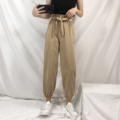 Korean-style Loose Bud High-waisted Casual Pants Women's 2019 Autumn Clothing New Style Bow Bandage Cloth Beam Leg Harem Pants S