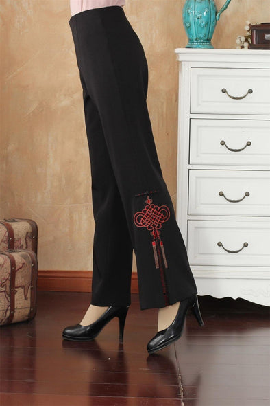 Black Chinese knot Fashion Spring Chinese Style Women's Cotton Flares Trousers Pants Plus Size S M L XL XXL 3XL 4XL 2513-3