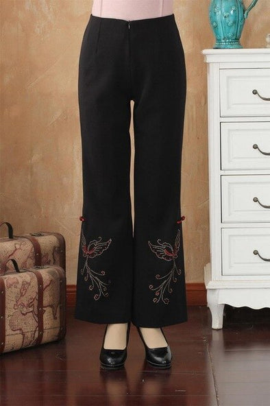 Black Chinese knot Fashion Spring Chinese Style Women's Cotton Flares Trousers Pants Plus Size S M L XL XXL 3XL 4XL 2513-3