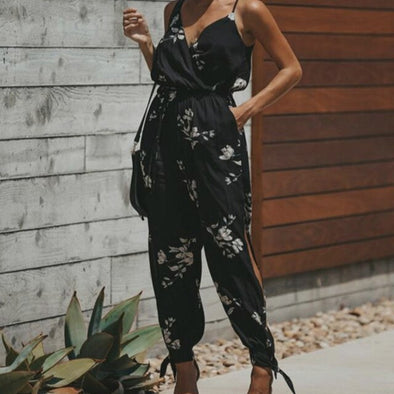 Summer Sexy Sleeveless Women's Jumpsuit Floral Print V-Neck Sashes Overalls Loose Party Romper Plus Size Wide Leg Long Pants