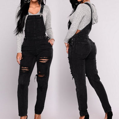 Women's Sleeveless Holes Destroyed Baggy Denim Jumpsuit Romper Button Full Length Dungaree Pencil Jeans Overalls Jumpsuit