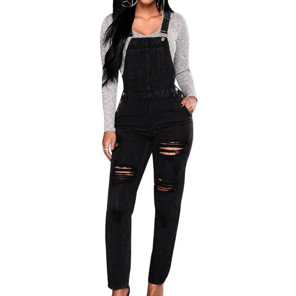 Women's Sleeveless Holes Destroyed Baggy Denim Jumpsuit Romper Button Full Length Dungaree Pencil Jeans Overalls Jumpsuit