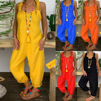 Women's Casual Loose Linen Cotton Jumpsuit Dungarees Playsuit Trousers Overalls