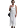 Summer Women's Jumpsuit Casual V-neck Button Fashion Solid Overalls Backless High Waist Ankle-Leng Pants Straight Jumpsuit