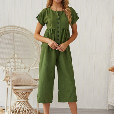 2019 Summer Casual Jumpsuit Women's Short Sleeve Loose Jumpsuits Solid Color Linen Cotton Trousers Overalls