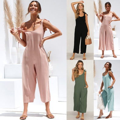 Women Casual Loose Pants Overalls Straps Trousers Women's Sleeveless Solid Jumpsuit Romper Casual  Wide Leg Pants Outfits